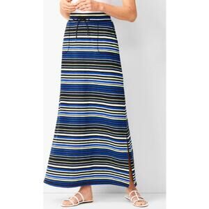 T By Talbots Size MP Striped Maxi Skirt Side Slit Lime Green Black Blue Casual